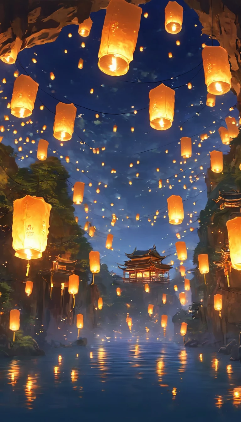 1.Place the river lanterns by the river，Cave，(((Kongming Lantern Wishing Lantern)))Many sky lanterns are lit on the water, floating lights, Lights and reflections, Glowing lights! Intermediate Metaverse Elements，number, glowing reflections, think. author：Shinkai Makoto, Water Lanterns, A quiet night. Digital Illustration, Beautiful Ambience, Night sky lights, Peaceful evening atmosphere, 美丽的number艺术作品, Low Detail. number, Beautiful Ambience