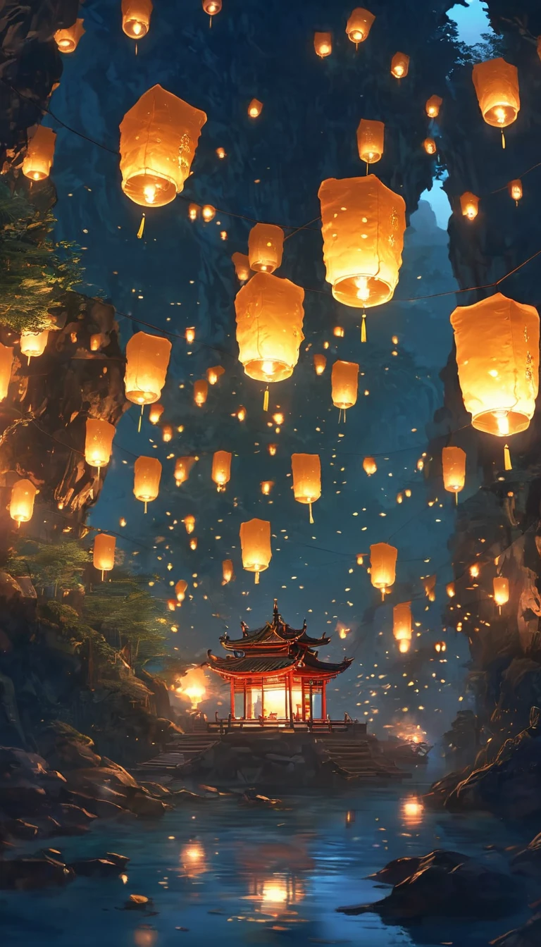 1.Place the river lanterns by the river，Cave，(((Kongming Lantern Wishing Lantern)))Many sky lanterns are lit on the water, floating lights, Lights and reflections, Glowing lights! Intermediate Metaverse Elements，number, glowing reflections, think. author：Shinkai Makoto, Water Lanterns, A quiet night. Digital Illustration, Beautiful Ambience, Night sky lights, Peaceful evening atmosphere, 美丽的number艺术作品, Low Detail. number, Beautiful Ambience