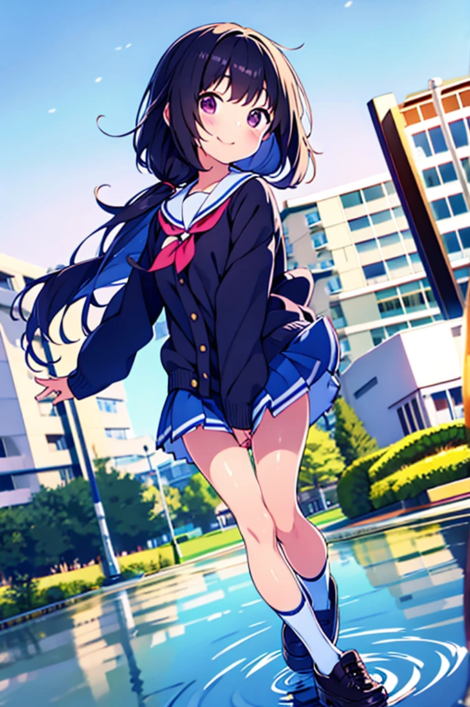 Park after rain large puddles elementary school girl 8-year-old flat chest black hair long hair eyes are purple smile ((1 person)) Cardigan on top of white long-sleeved sailor uniform Lower body navy blue miniskirt white panties white socks sports boots standing in front of a puddle ((white pantiesが見える)) from the front dynamic angle Low - Angle