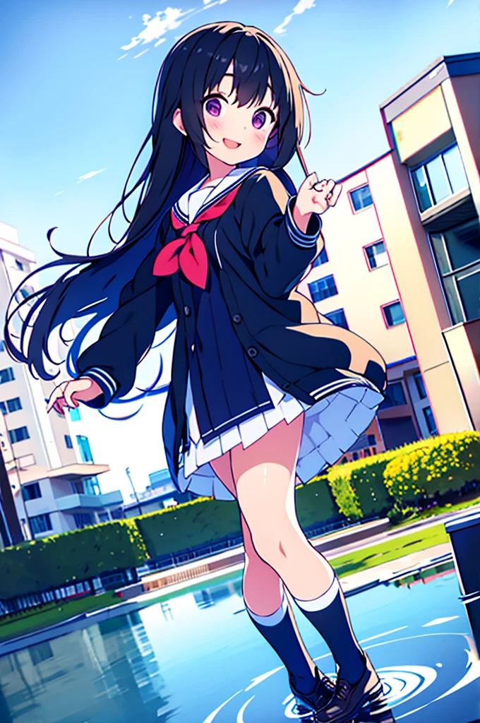 Park after rain large puddles 8-year-old flat chest blhair g hair eyes are purple smile ((1 person)) Cardigan on top of white long-sleeved sailor uniform Lower body navy blue miniskirt white panties white socks sports boots standing in front of a puddle ((white pantiesが見える)) from the front dynamic angle Low - Angle