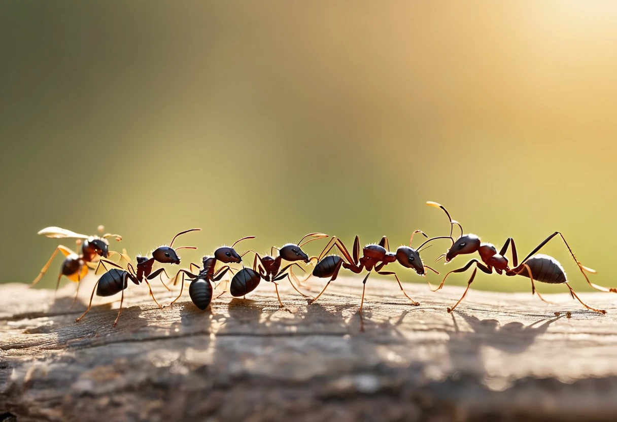 Macrophotography of ants in close-up, highlighted by soft golden hour lighting. The ants behave like humans, sitting at a miniature picnic table and sipping miniature beer. The blurred background and particles in the air add depth and dimension, creating a natural and candid portrait of insect life.