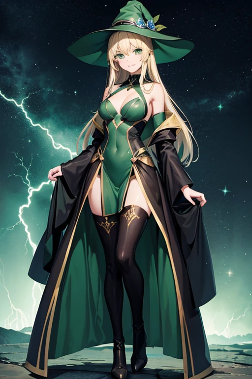 Anime Art、Full body portrait、The dark green wizard of space science fiction、A woman of about 25 years old, around 185cm tall, wearing a dark green robe that reveals her chest, emitting lightning.、Condescending smile、Hair is semi-long、Platinum Blonde Hair、Thigh-high boots、Golden Bangles、Green Eyes、surrounded by lightning、Dark green witch hat