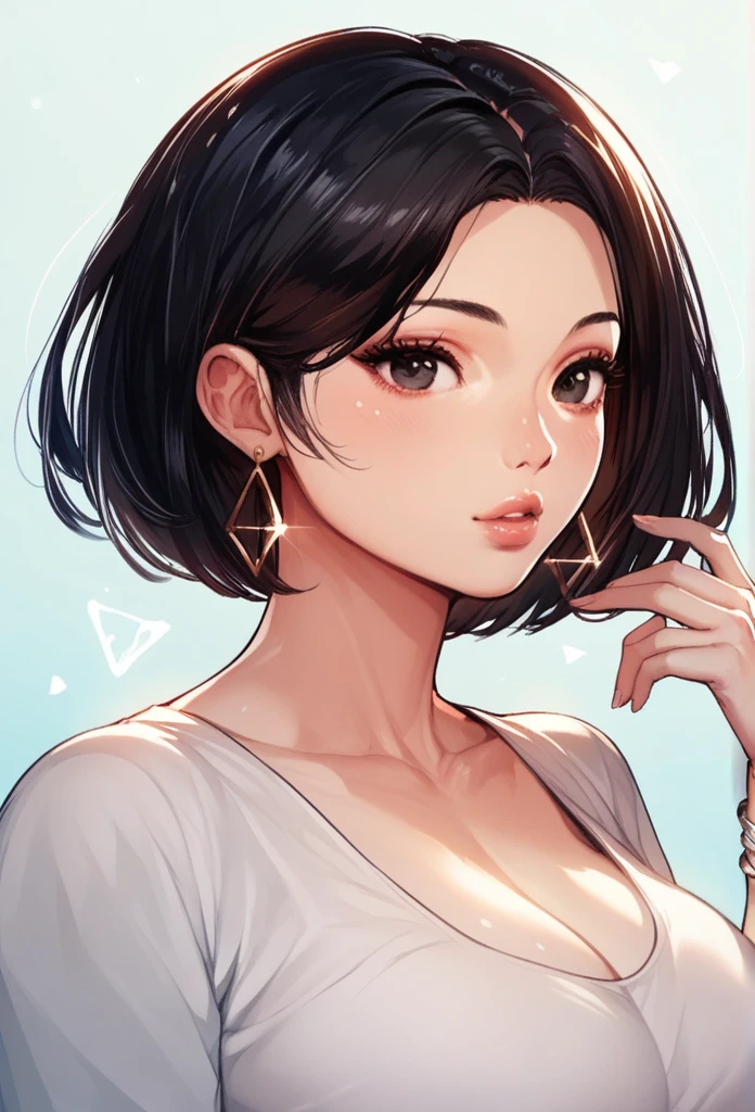  Cute beautiful nari, black eyes, black hair, short hair upto neck, big breasts, triangle earrings ,school dress, glossy lips, bracelet 
