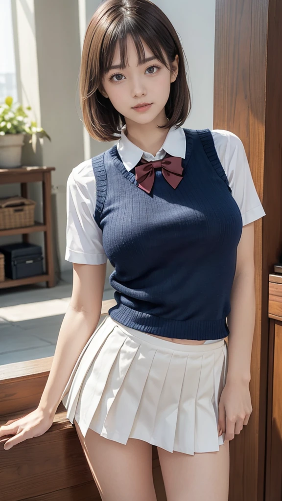 (masterpiece:1.2, highest quality), (realistic, photorealistic:1.4), beautiful illustrations, (natural side lighting, movie lighting), Depth of written boundary, 
looking at the viewer, Front view, 1 girl, English, high school girl, 20 years old, perfect face, Cute symmetrical face, shiny skin, open legs,
(bob hair:1.7,blonde), asymmetrical bangs, Big eyes, droopy eyes, long eyelashes chest), thin, 
beautiful hair, beautiful face, fine and beautiful eyes, beautiful clavicle, beautiful body, beautiful breasts, beautiful thighs, beautiful feet, beautiful fingers, 
((fine fabric texture, brown knit vest, short sleeve white collar shirt, navy pleated skirt, Navy bow tie)), 
(beautiful scenery), evening, (Inside the flower shop), Are standing, (smile, Upper grade, open your mouth),  (((skirt lift, no panties, genitals visible))), full body shot, dark blue socks, sexy face,