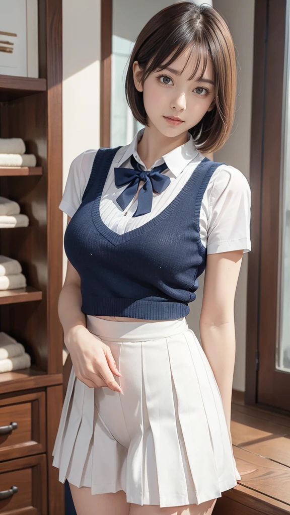 (masterpiece:1.2, highest quality), (realistic, photorealistic:1.4), beautiful illustrations, (natural side lighting, movie lighting), Depth of written boundary, 
looking at the viewer, Front view, 1 girl, English, high school girl, 20 years old, perfect face, Cute symmetrical face, shiny skin, open legs,
(bob hair:1.7,blonde), asymmetrical bangs, Big eyes, droopy eyes, long eyelashes chest), thin, 
beautiful hair, beautiful face, fine and beautiful eyes, beautiful clavicle, beautiful body, beautiful breasts, beautiful thighs, beautiful feet, beautiful fingers, 
((fine fabric texture, brown knit vest, short sleeve white collar shirt, navy pleated skirt, Navy bow tie)), 
(beautiful scenery), evening, (Inside the flower shop), Are standing, (smile, Upper grade, open your mouth),  (((skirt lift, no panties, genitals visible))), full body shot, dark blue socks, sexy face,