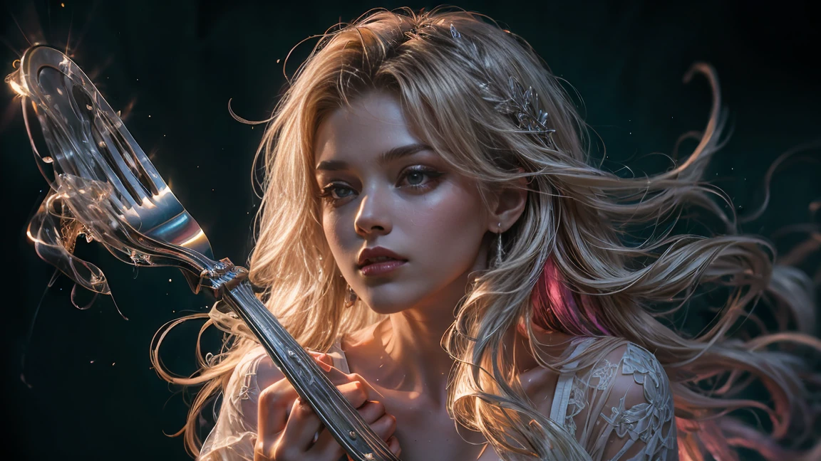 Beautiful and colorful woman: 21 years old woman, messy hair, oil painting, beautiful and perfect face with soft skin, perfect face, pinkish green colors, light and violet magnetic additions, light red additions, Cosplay, wearing sexy lingerie or transparent nightgown , holding cutlery, intricate details home screen masterpiece in 8k resolution beautiful face digital painting photorealistic art station smooth fluid black paint: photorealistic masterpiece in 8k resolution: intricately detailed fluid gouache painting: by John Baptist Mongue: calligraphy: acrylic: watercolor art, professional photography, natural lighting, volumetric lighting maximalist photo illustration: by Marton Bobzert: complex, elegant, expansive, Fantastic