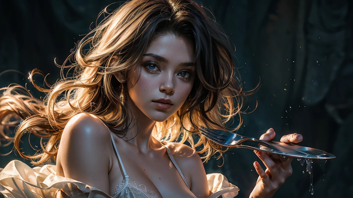 Beautiful and colorful woman: 21 years old woman, messy hair, oil painting, beautiful and perfect face with soft skin, perfect face, pinkish green colors, light and violet magnetic additions, light red additions, Cosplay, wearing sexy lingerie or transparent nightgown , holding cutlery, intricate details home screen masterpiece in 8k resolution beautiful face digital painting photorealistic art station smooth fluid black paint: photorealistic masterpiece in 8k resolution: intricately detailed fluid gouache painting: by John Baptist Mongue: calligraphy: acrylic: watercolor art, professional photography, natural lighting, volumetric lighting maximalist photo illustration: by Marton Bobzert: complex, elegant, expansive, Fantastic