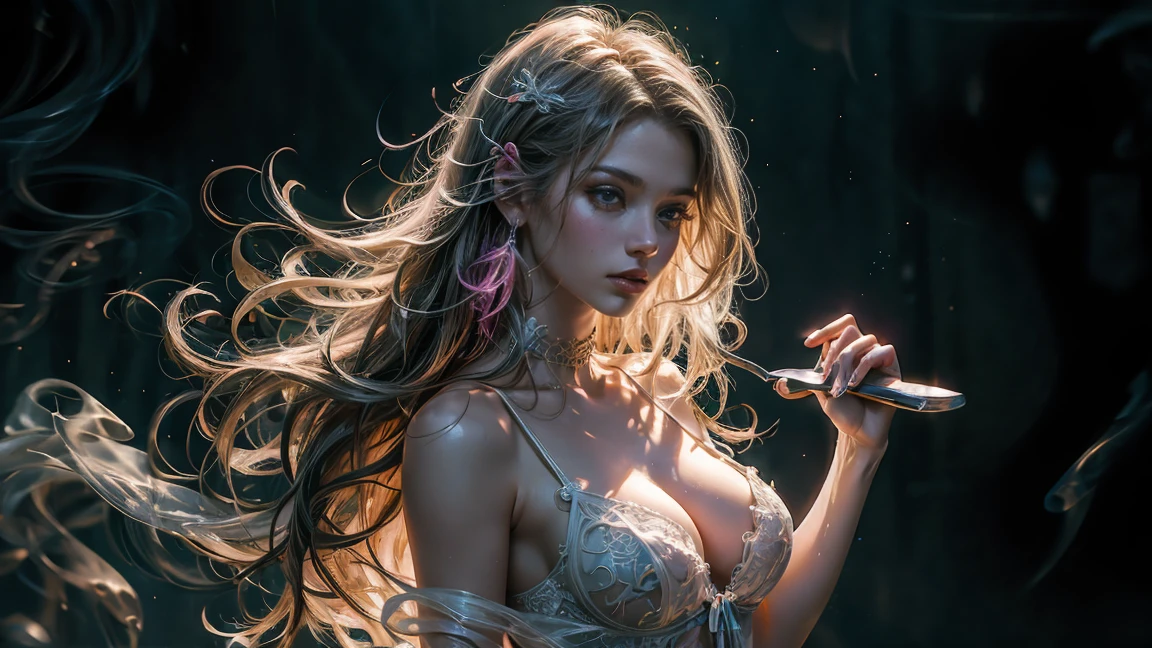 Beautiful and colorful woman: 21 years old woman, messy hair, oil painting, beautiful and perfect face with soft skin, perfect face, pinkish green colors, light and violet magnetic additions, light red additions, Cosplay, wearing sexy lingerie or transparent nightgown , holding cutlery, intricate details home screen masterpiece in 8k resolution beautiful face digital painting photorealistic art station smooth fluid black paint: photorealistic masterpiece in 8k resolution: intricately detailed fluid gouache painting: by John Baptist Mongue: calligraphy: acrylic: watercolor art, professional photography, natural lighting, volumetric lighting maximalist photo illustration: by Marton Bobzert: complex, elegant, expansive, Fantastic