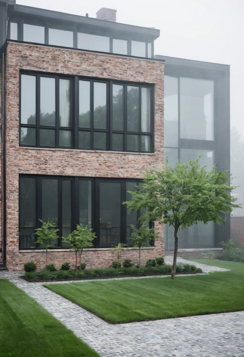 RAW format photography, N i k o n D 7 5 0 0 + A F - S D K, the morning fog that envelops the house and most of the condominium, industrial style. Imagine an industrial house, with glass walls divided by a massive black iron structure, English brick walls, real grass in front of the house. Two Elm trees on the side of the main entrance. Stone floor up to the main entrance. Create houses in the background as if it were a condominium.