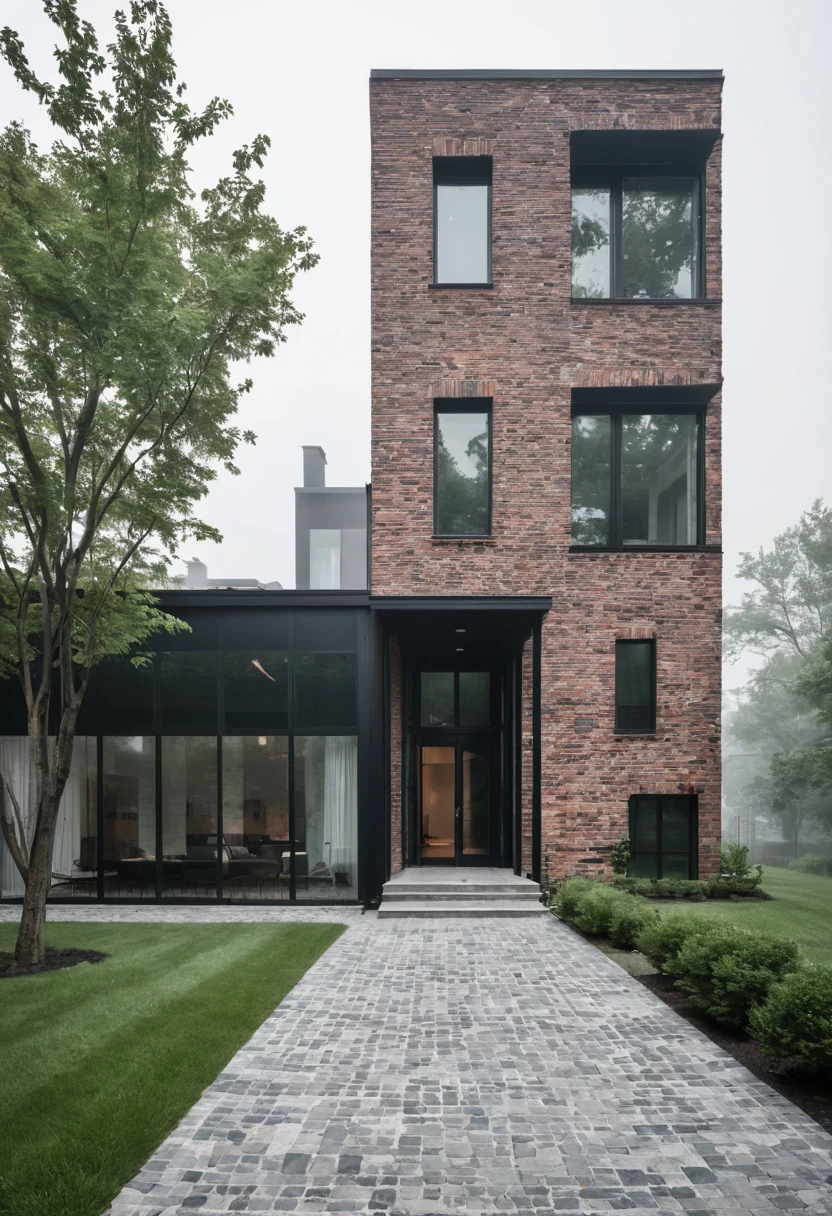 RAW format photography, N i k o n D 7 5 0 0 + A F - S D K, the morning fog that envelops the house and most of the condominium, industrial style. Imagine an industrial house, with glass walls divided by a massive black iron structure, English brick walls, real grass in front of the house. Two Elm trees on the side of the main entrance. Stone floor up to the main entrance. Create houses in the background as if it were a condominium.