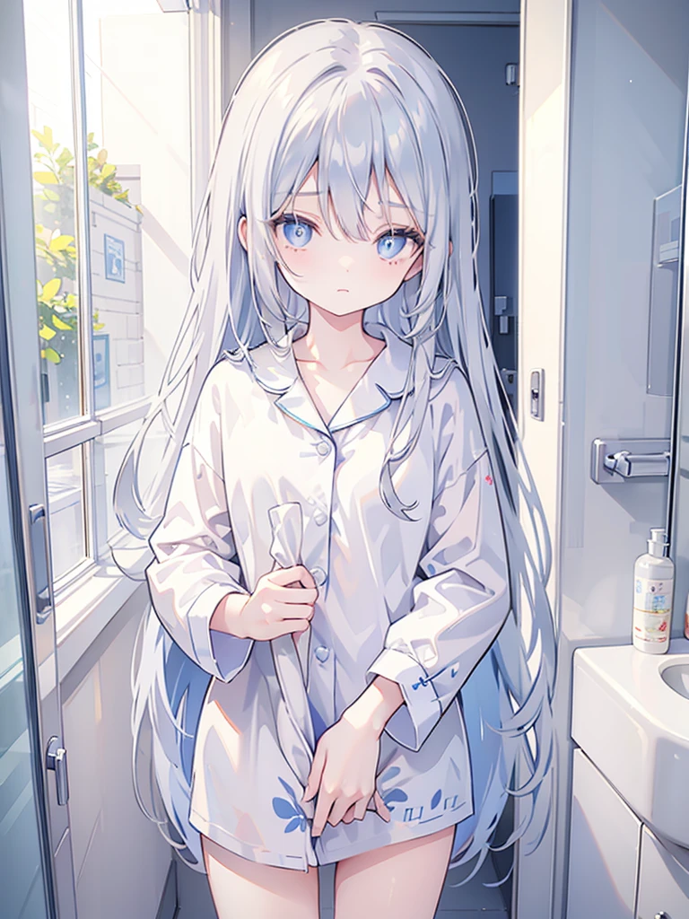 1girl, Long silver hair, blue pupils, Wearing pajamas, Looking in the mirror, ((Bathroom)), A face that is still sleepy, ((wiping his eyes))