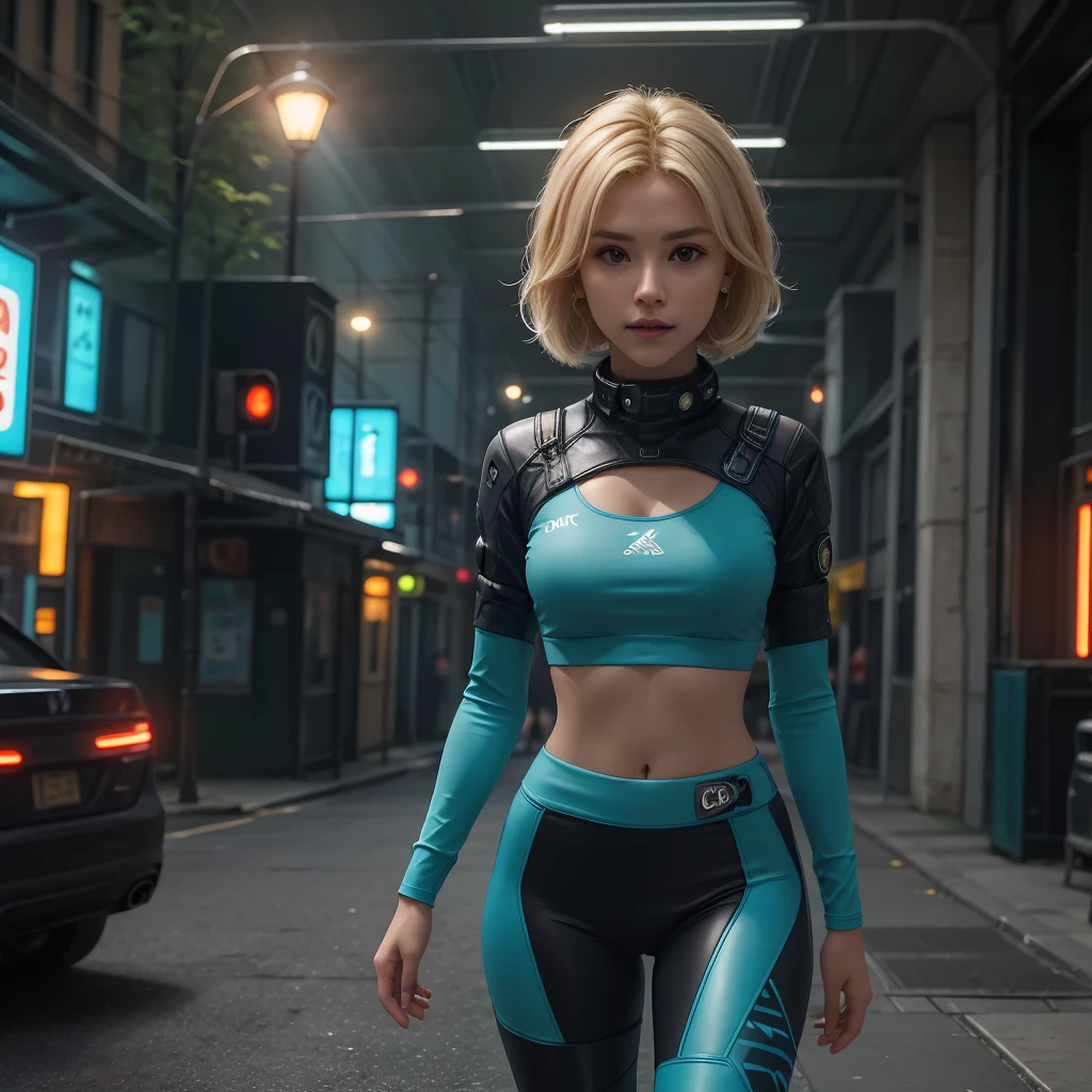 masterpiece, best quality, high quality, extremely detailed 32k unit an enchanting front view, A pretty 40 year old Blonde haired woman, she is standing out side of a Futuristic space station at night, she is wearing teal leggings and a crop top, her hair is Choppy Bob hair style, she looks beautiful in the glow of the street lights,(best quality ,photorealistic)
