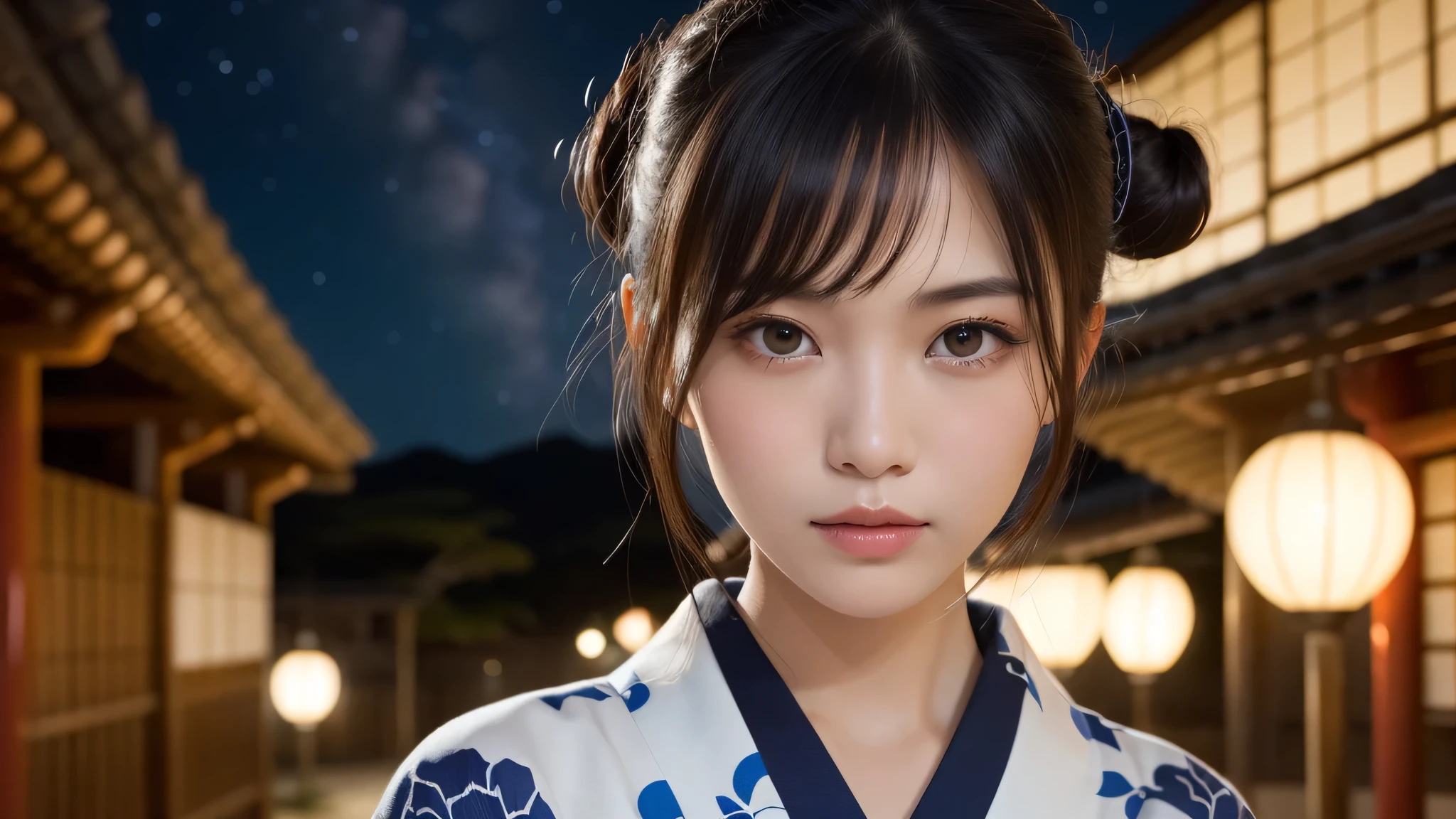 (1women), bun hair, (round eyes:1.2), (highly detailed face), (extremely detailed beautiful face), (floral pattern yukata), (Best Quality:1.4), (Ultra-detailed), extremely detailed CG unified 8k wallpaper, Realistic portrait, Beautiful detailed, High-definition raw color photos, professional photography, night sky, tanzaku, (Japan's Tanabata, Tanabata night), tanzaku, beautiful milky way, (fine face:1.2), focus on women