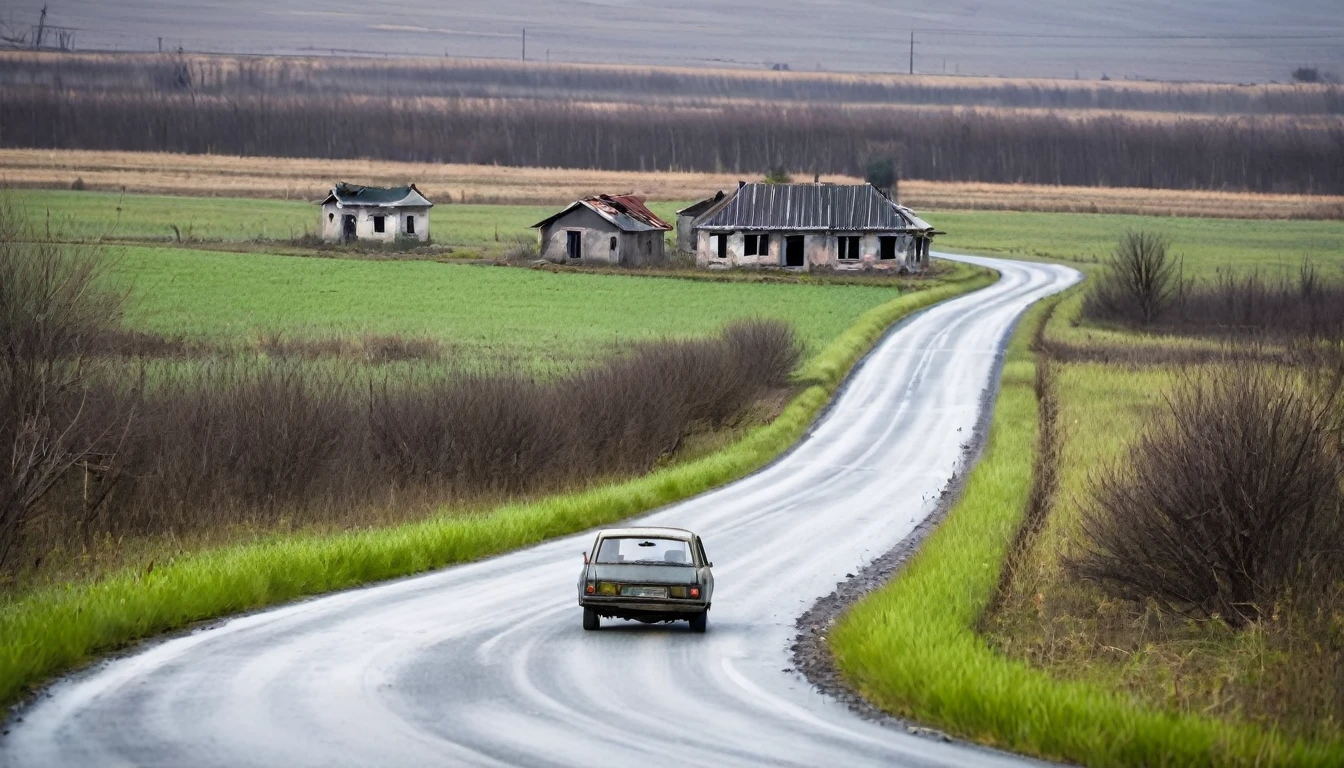 lonely car driving on the road, seen from afar, several abandoned houses in the landscape, sinister environment