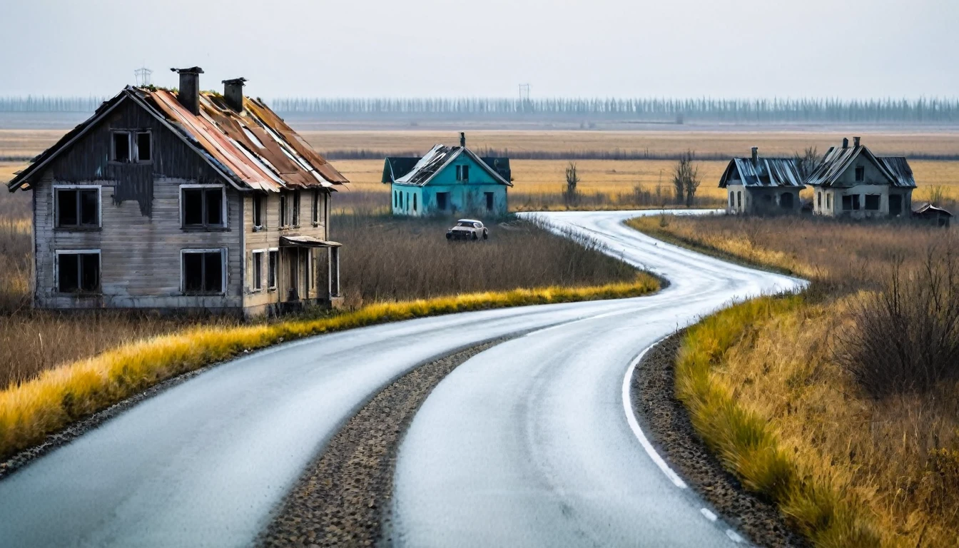 lonely car driving on the road, seen from afar, several abandoned houses in the landscape, sinister environment