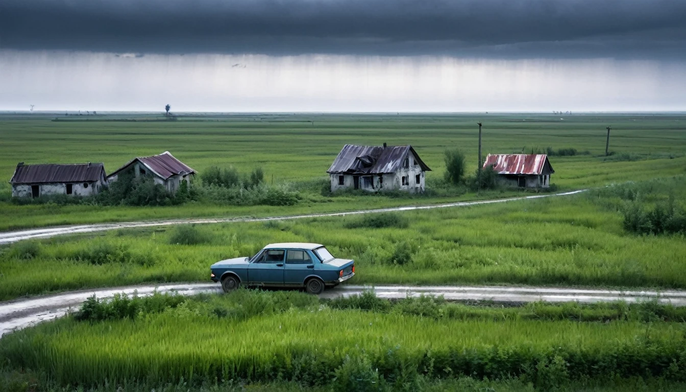 lonely car driving on the road, seen from afar, several abandoned houses in the landscape, sinister environment