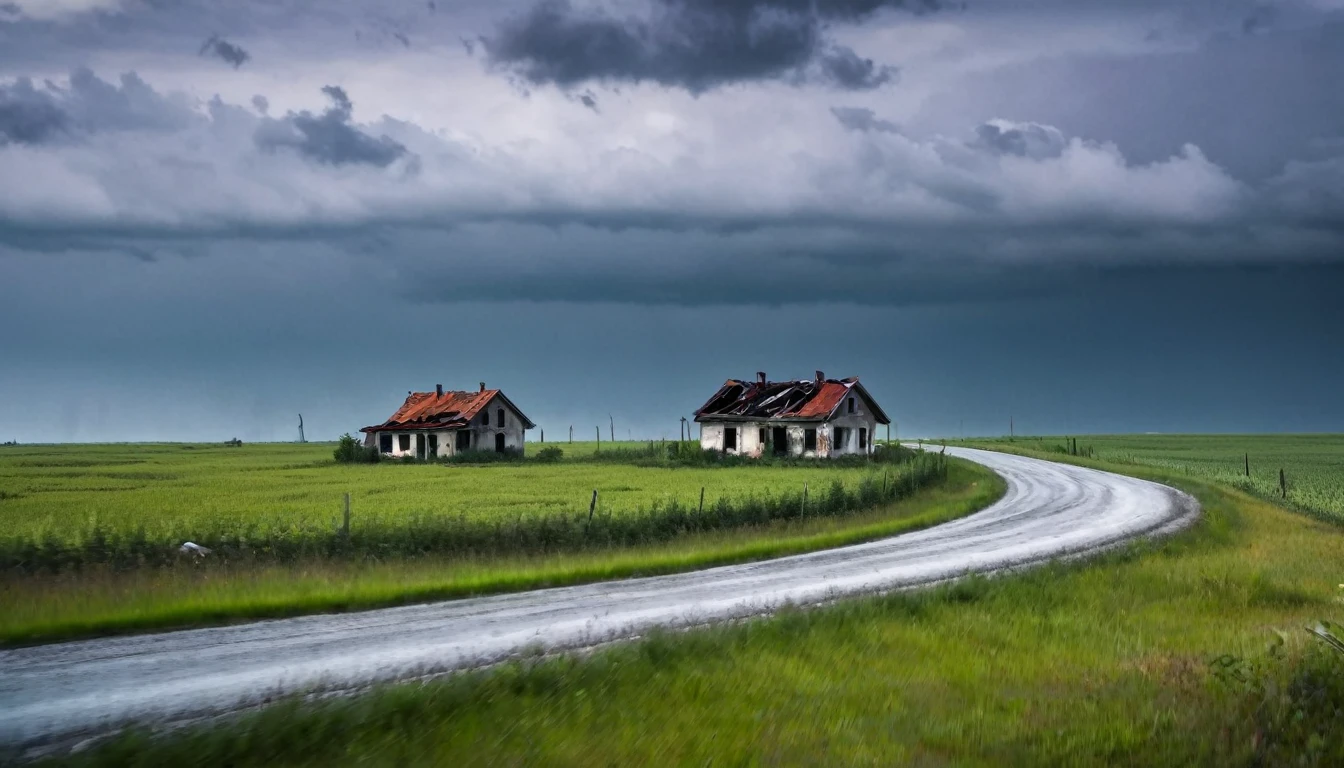 lonely car driving on the road, seen from afar, several abandoned houses in the landscape, sinister environment