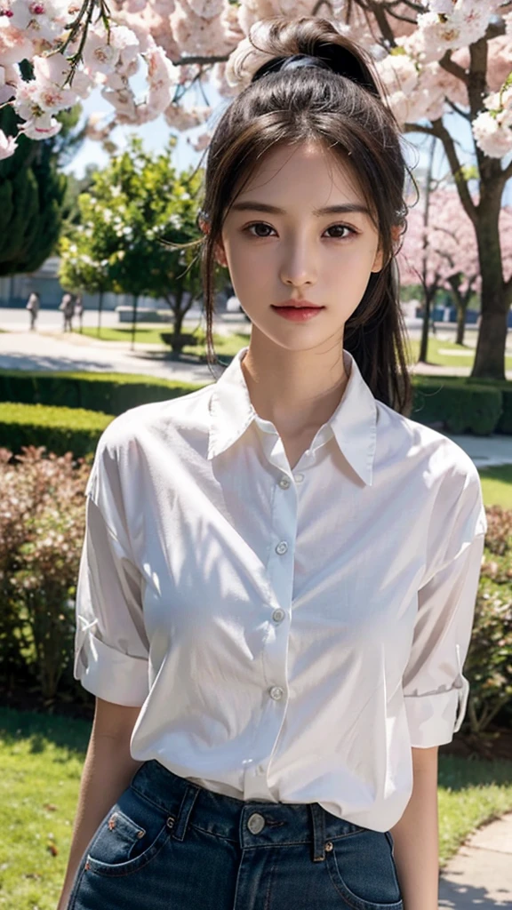 White collared shirt,jeans,outdoors,Urban Park,On the lawn,One woman,close up face,fully body photo,masutepiece, The highest image quality, High quality, the background is clear，Beautiful woman, Japanese, Detailed, Ultra-detailed, finely detail, hight resolution, 8K Wallpaper, Perfect dynamic composition, Beautiful detailed eyes ,Detailed eyes, Detailed skin, Beautiful skin, 超hight resolution, (reality: 1.4),Very beautiful woman, Slightly younger face, Beautiful skin, slender, (Ultra photo realsisim), (hight resolution), (8K), (Very detailed) (beautifully detailed eyes), (super detailed),   (Detailed face), view the viewer, Fine details, Detailed face, Staring straight ahead, Staring straight ahead, photos realistic, Bright lighting, Professional Lighting, Black hair,poneyTail,a baby face,sixteen years old,Hairstyle: ponytail,Long ponytail hairstyle,slight smile,