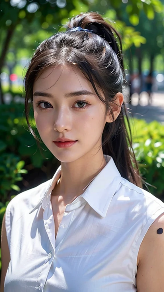 White collared shirt,jeans,outdoors,Urban Park,On the lawn,One woman,close up face,fully body photo,masutepiece, The highest image quality, High quality, the background is clear，Beautiful woman, Japanese, Detailed, Ultra-detailed, finely detail, hight resolution, 8K Wallpaper, Perfect dynamic composition, Beautiful detailed eyes ,Detailed eyes, Detailed skin, Beautiful skin, 超hight resolution, (reality: 1.4),Very beautiful woman, Slightly younger face, Beautiful skin, slender, (Ultra photo realsisim), (hight resolution), (8K), (Very detailed) (beautifully detailed eyes), (super detailed),   (Detailed face), view the viewer, Fine details, Detailed face, Staring straight ahead, Staring straight ahead, photos realistic, Bright lighting, Professional Lighting, Black hair,poneyTail,a baby face,sixteen years old,Hairstyle: ponytail,Long ponytail hairstyle,slight smile,
