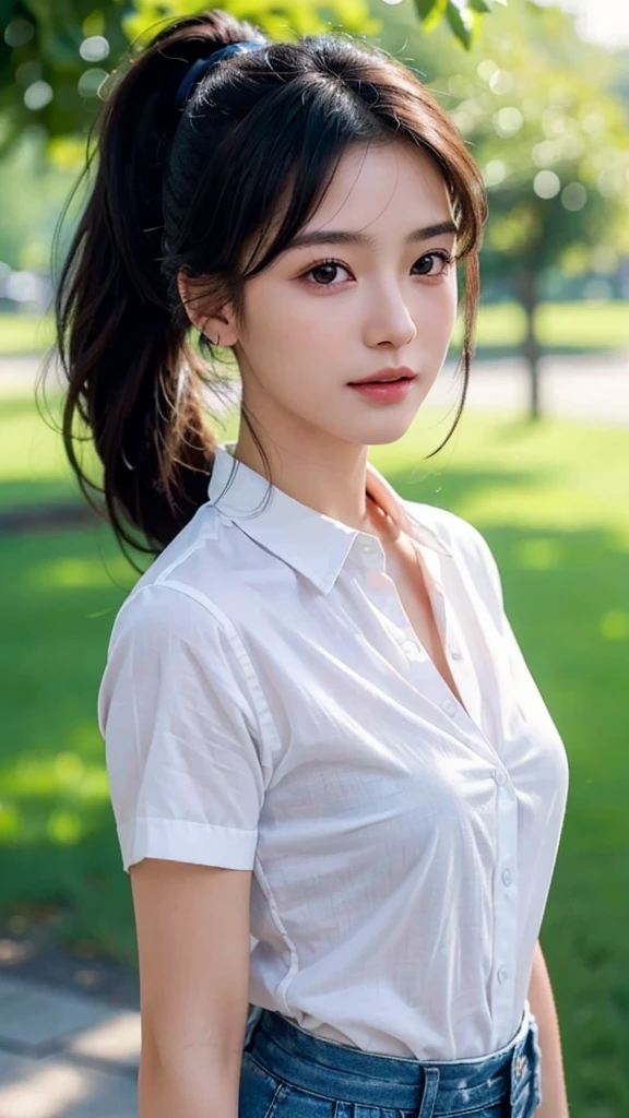 White collared shirt,jeans,outdoors,Urban Park,On the lawn,One woman,close up face,fully body photo,masutepiece, The highest image quality, High quality, the background is clear，Beautiful woman, Japanese, Detailed, Ultra-detailed, finely detail, hight resolution, 8K Wallpaper, Perfect dynamic composition, Beautiful detailed eyes ,Detailed eyes, Detailed skin, Beautiful skin, 超hight resolution, (reality: 1.4),Very beautiful woman, Slightly younger face, Beautiful skin, slender, (Ultra photo realsisim), (hight resolution), (8K), (Very detailed) (beautifully detailed eyes), (super detailed),   (Detailed face), view the viewer, Fine details, Detailed face, Staring straight ahead, Staring straight ahead, photos realistic, Bright lighting, Professional Lighting, Black hair,poneyTail,a baby face,sixteen years old,Hairstyle: ponytail,Long ponytail hairstyle,slight smile,