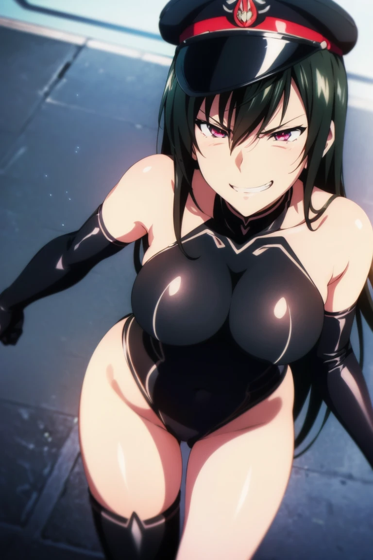 age girl, 16 y(grinning lasciviously))), seductive anime girl, (((nefarious smirk))), [[[[grinning evily]]]], beautiful, masterpiece, ultra detailed, extremely detailed, ultra high res, 8k, beautiful detailed face, anime screencap, heart shaped face woman, (black hair:1.2), long hair, hair between eyes, large breasts, fearless face, sharp face, slant eyes, cat eyes, 170cm tall, adult, perfect proportion, (((black high-leg leotard))), (((dare shoulder))), cleavage, (((thigh boots))), choker, (((military cap))), anime style, ultra detailed beautiful face and eyes, front view, raw phot, incredibly absurdres, Beautiful portrait of cute anime girls, super fine illustration, full-hd, hdr, best aesthetic, distinct, exquisite, masterwork, by famous artist, highers, (((perfect anatomy))), mocking, (((rape face))), (((evil grin))), intense eyes, sadistic, gleaming skin, oil skin, slut face, full-face blush, smirking, mischievous grin, furrowed mouth, both legs, pouty lips, downturned corners, rosy hue, grin widely, cheeky smirk, (((bad-tempered glare))), gloating, crazy smile, scary face, cruel smile, fang, connected teeth,, (((elbow gloves))), (((big connected teeth)), glare, grimace, smirk, (((scowling face))), smile broadly, symmetrical eyes, even eyes, perfect eyes, (((squinting eyes))), deep detailed eyes, shiny clothes, 1girl, solo, smug, smile grimly, (((dimpled smile))), pink eyes, (((upper body shot))), (((laugh))), (((pleasure face))), (((brutality face))), (((scary face))), (((empty eyes))), anime best girl, [[[[grinning evily]]]], anime moe artstyle, looking at viewer,　cowboy shot,　standing,　clenched teeth,　turtleneck, breast hold,　from above, leaning forward, depth of field,　shiny clothes, covered collarbone, perfect mouth, 