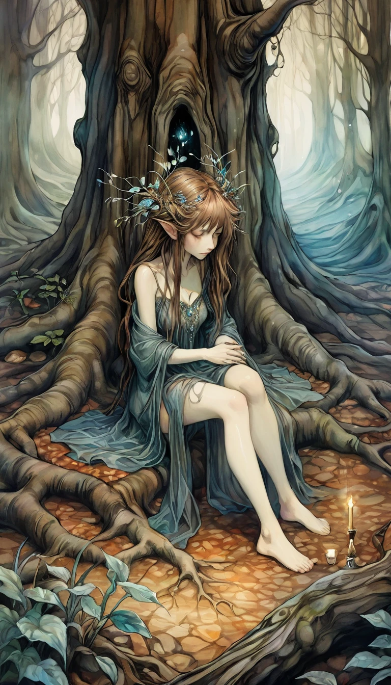a dejected woman sitting at the bottom of a tree in a magical forest, three cups of liquor on the ground,(art inspired by Brian Froud and Carne Griffiths and Wadim Kashin, intricate details, oil painting)