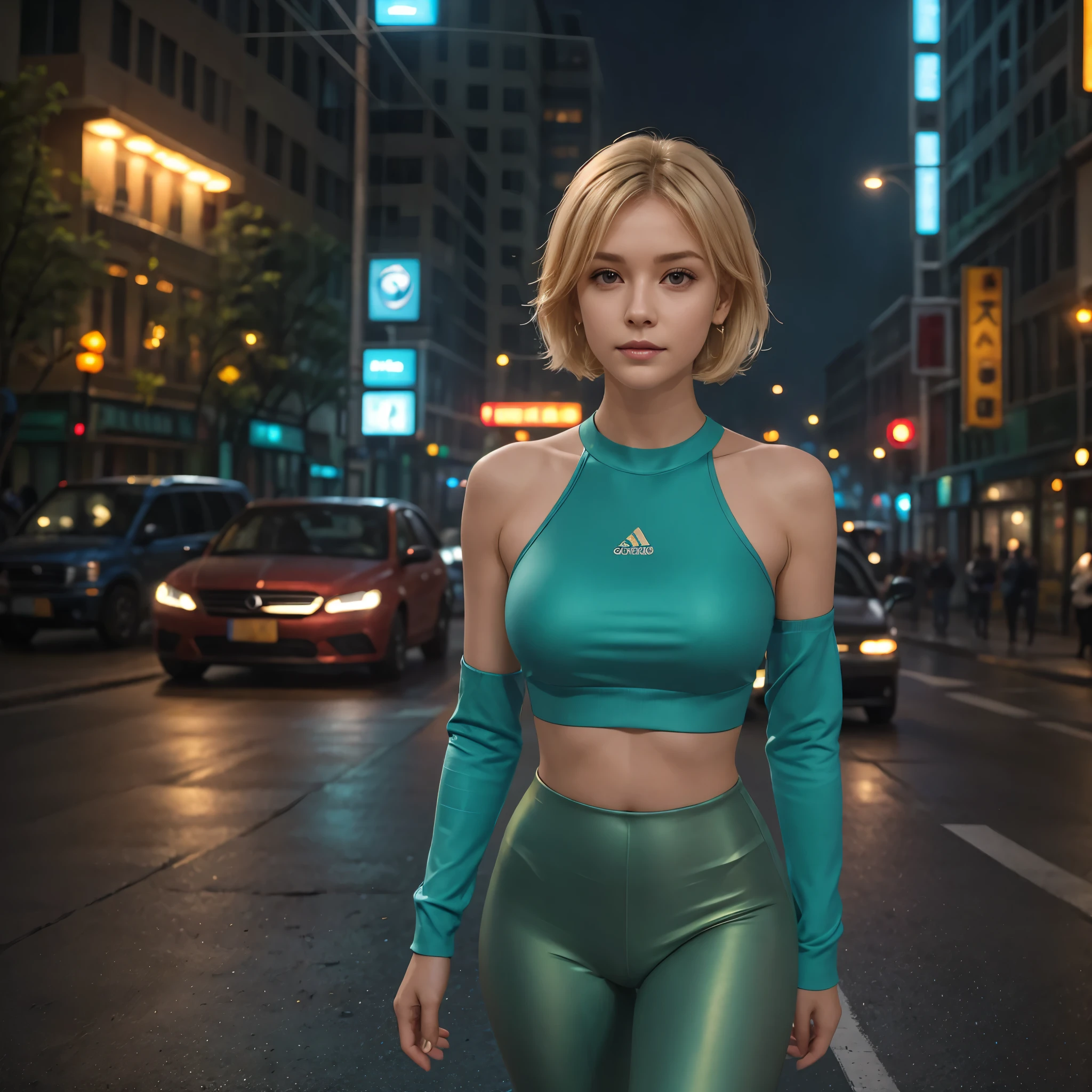 masterpiece, best quality, high quality, extremely detailed 32k unit an enchanting front view, A pretty 40 year old Blonde haired woman, she is standing out side Futuristic Building at night, she is wearing  teal leggings and a crop top, her hair is Choppy Bob hair style, she looks beautiful in the glow of the street lights,(best quality ,photorealistic)
