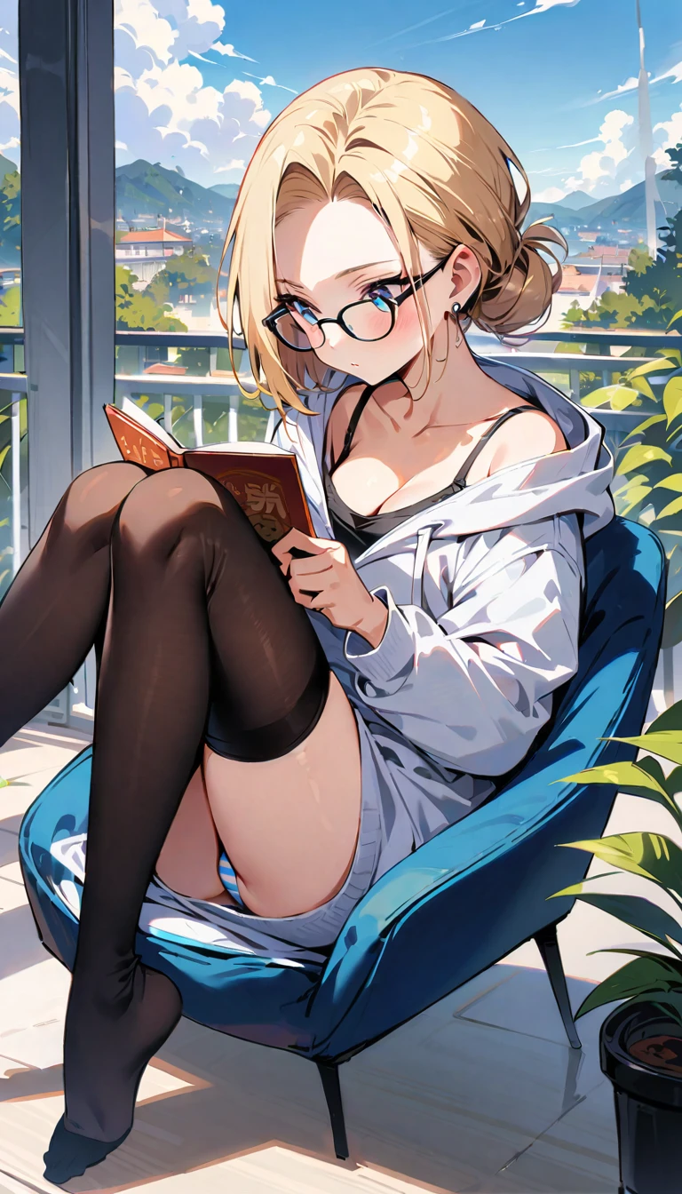 (masterpiece, best quality:1.2), solo, Android 18 from Dragon Ball, ((light gray hooded sweatshirt, Oversized hooded sweatshirt, long sleeve, black thin thigh highs, stripe panties, knees up, beautiful butt, thighs)), small breasts, blonde hair, (single hair bun), ((blue eyes)), (wearing glasses), earrings on earlobes, slender feminine figure, skinny body, (reading a book), cleavage, off shoulder, light blush, chill, hot coffee, organized, simple, white-based interior, a few plants, cloudy sky, terrace, magnificent view, blur background, 4K, on the cute chair, (pale blue chair),
