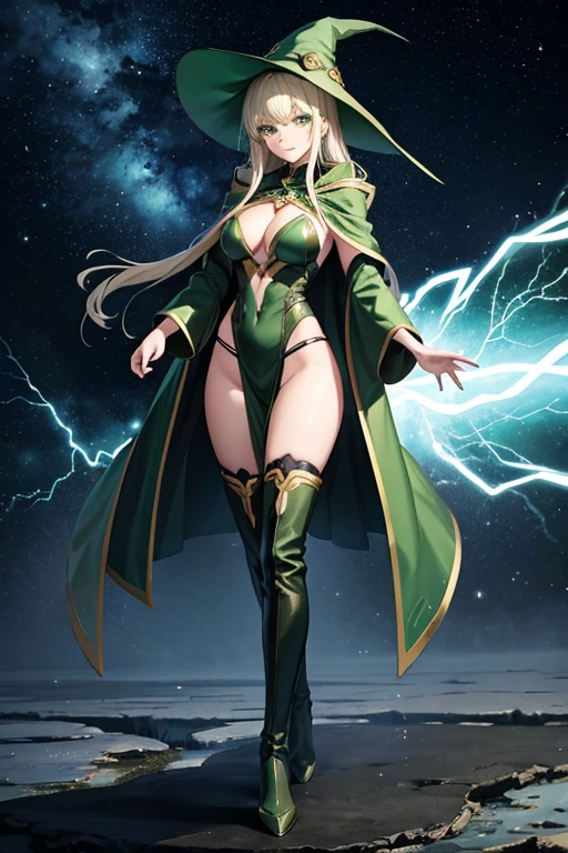 Anime Art、Full body portrait、The dark green wizard of space science fiction、A woman of about 25 years old, around 185cm tall, wearing a dark green robe that reveals her chest, emitting lightning.、Condescending smile、Hair is semi-long、Platinum Blonde Hair、Thigh-high boots、Golden Bangles、Green Eyes、surrounded by lightning、Dark green witch hat