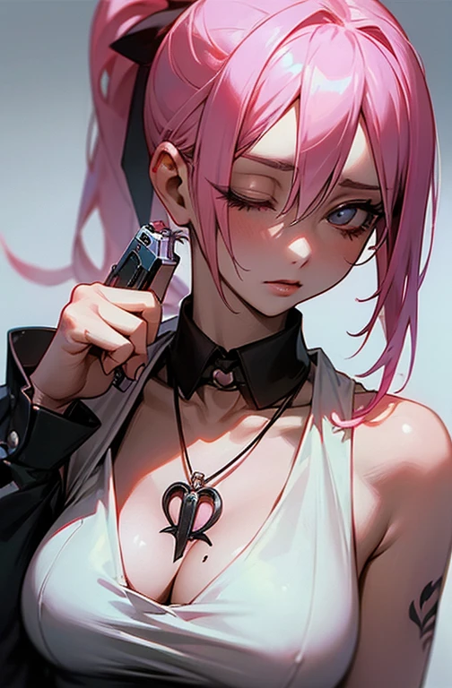 Cool women、sexy、Center of chest、Rize from Chainsaw Man、beauty、Yandere、、Face close-up、Kiss with your eyes closed、Chest tattoo、Hold a handgun、Christian Dior Necklace、ponytail、Pink hair、