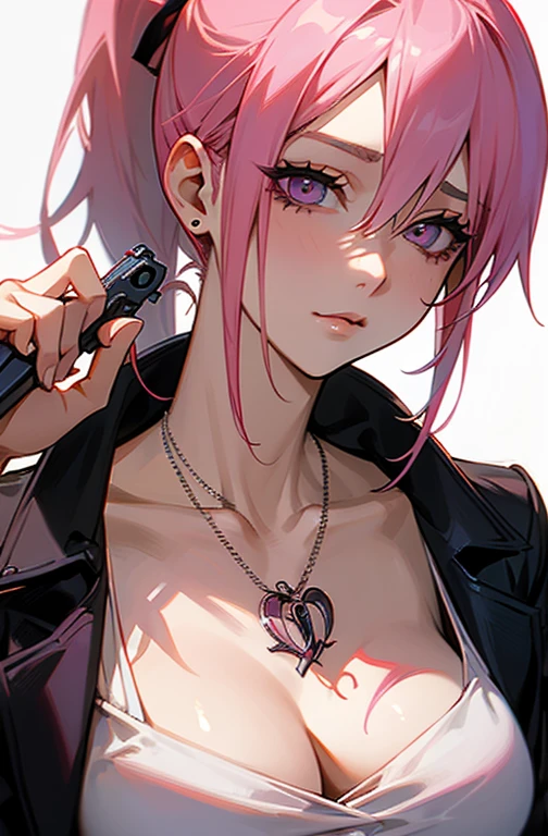 Cool women、sexy、Center of chest、Rize from Chainsaw Man、beauty、Yandere、、Face close-up、Kiss with your eyes closed、Chest tattoo、Hold a handgun、Christian Dior Necklace、ponytail、Pink hair、