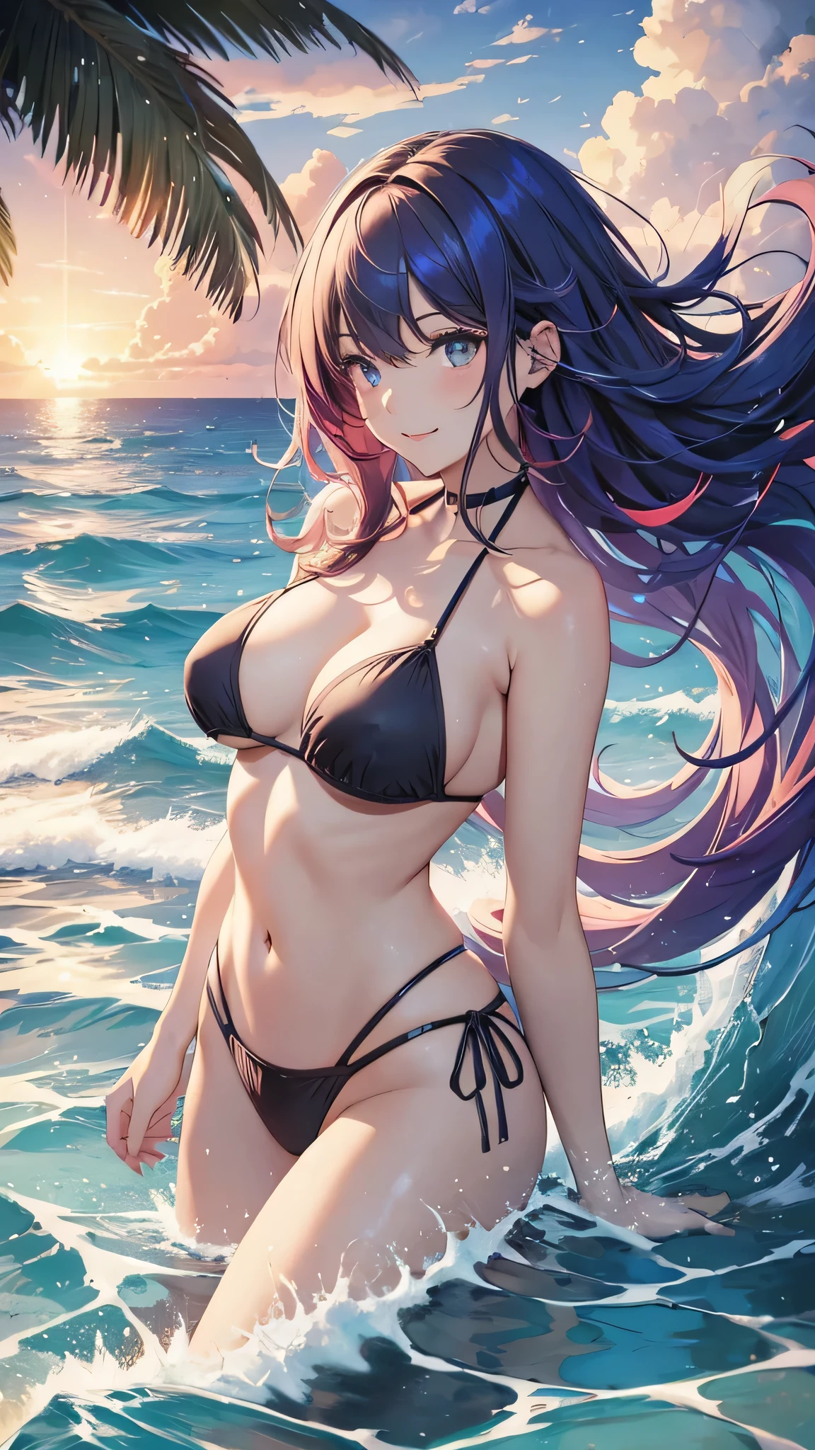 Highest quality、Highest quality、Masterpiece、girl((20-year-old、as soon as、Highest Bust、Medium Bust、Wide open chest、Red glowing eyes、Light Blue Hair、Disheveled Hair、Loincloth、thin、The best valley、Open chest、Full body view、Colorful Bikini、Smile、Leaning forward greatly))、high quality、Beautiful Art、background((Ocean、Wave、beach、Palm tree))、flight、Flying Debris、Depth of text、movie、Visual Arts、Perfect Art、8K、Genuine、Special Angles