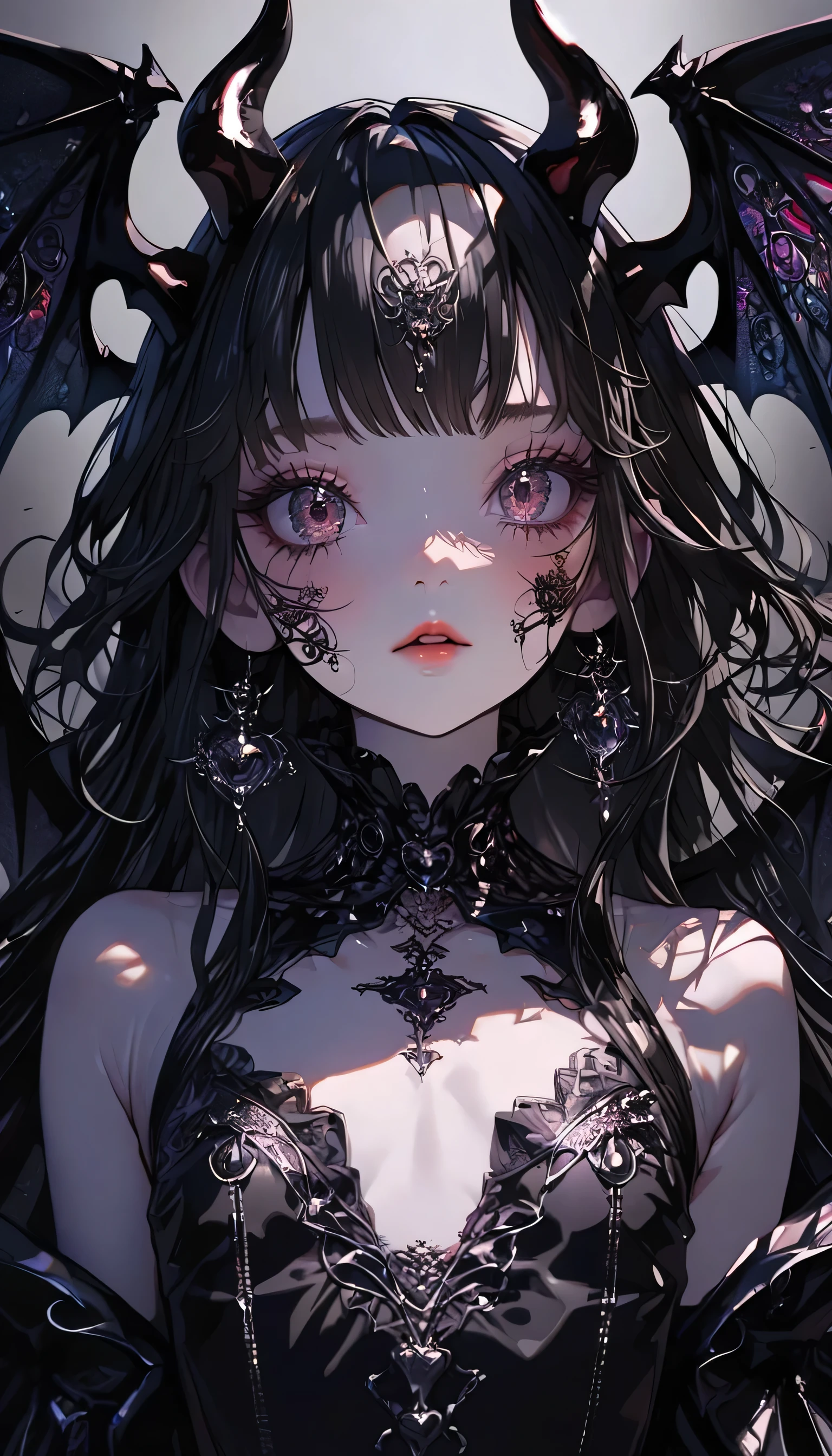 (Maximalism:1.5),(absurdres:1.5), (highres), (best quality:1.1), (ultra-detailed:1.1), (an extremely delicate and beautiful), 1 girl, (beautiful face), (detailed face), Devil,transparent black hair, long hair, devil horns, devil wings, flat chest, black gothic dress, beautiful face, (detailed face), portfolio, clear black hair, long hair, black darkness stirring background, glitter,( Zentangle:1.2),