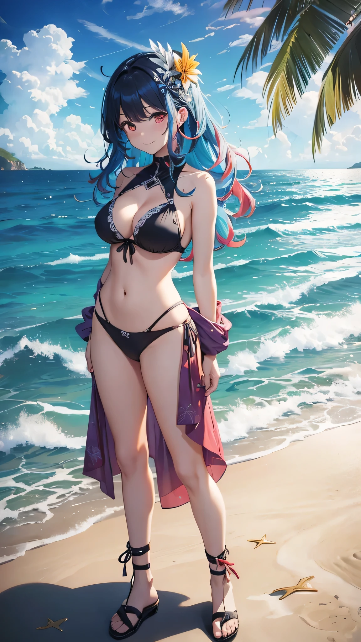 Highest quality、Highest quality、Masterpiece、girl((20-year-old、as soon as、Highest 、、Wide open 、Red glowing eyes、Light Blue Hair、Disheveled Hair、Loincloth、thin、The best valley、Open 、Full body view、Colorful Bikini、Smile、Leaning forward greatly))、high quality、Beautiful Art、background((Ocean、Wave、beach、Palm tree))、flight、Flying Debris、Depth of text、movie、Visual Arts、Perfect Art、8K、Genuine、Special Angles