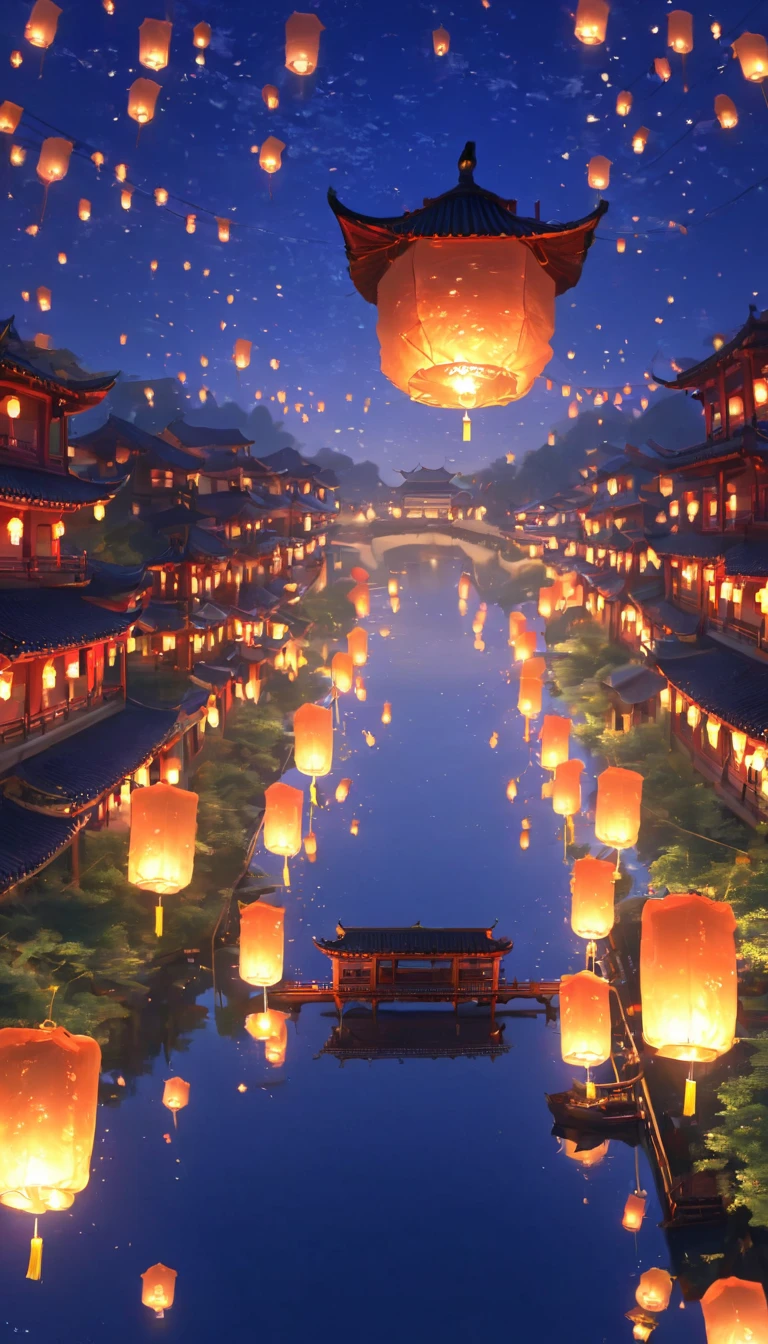 1.Place the river lanterns by the river，(((Kongming Lantern Wishing Lantern)))Many sky lanterns are lit on the water, floating lights, Lights and reflections, Glowing lights! Intermediate Metaverse Elements，number, glowing reflections, think. author：Shinkai Makoto, Water Lanterns, A quiet night. Digital Illustration, Beautiful Ambience, Night sky lights, Peaceful evening atmosphere, 美丽的number艺术作品, Low Detail. number, Beautiful Ambience