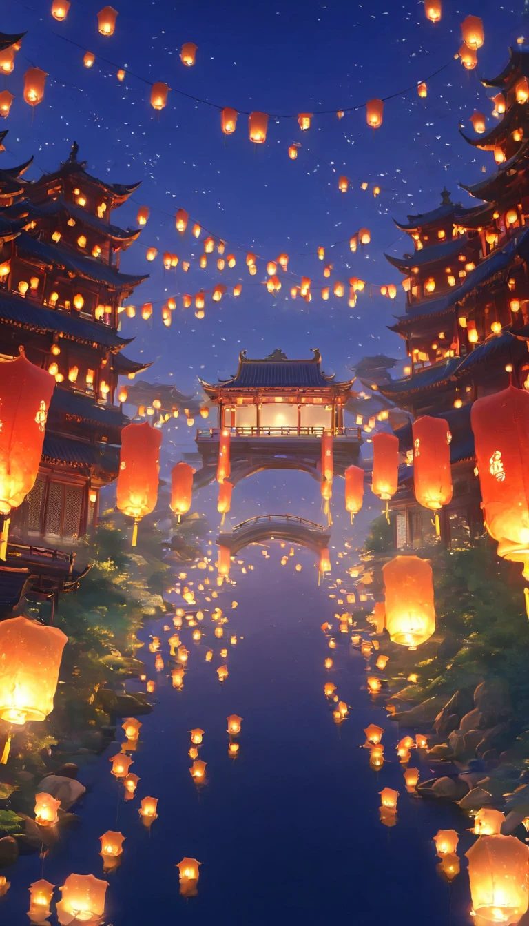 1.Place the river lanterns by the river,(((Kongming Lantern Wishing Lantern)))Many sky lanterns are lit on the water, floating lights, Lights and reflections, Glowing lights! Intermediate Metaverse Elements,number, glowing reflections, think. author:Shinkai Makoto, Water Lanterns, A quiet night. Digital Illustration, Beautiful Ambience, Night sky lights, Peaceful evening atmosphere, 美丽的number艺术作品, Low Detail. number, Beautiful Ambience