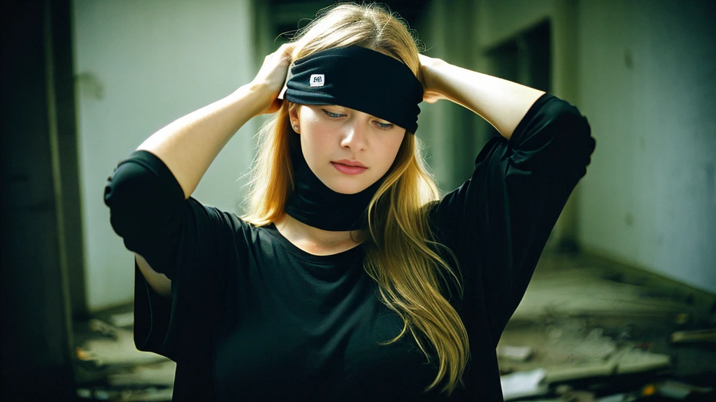 Beautiful blonde with big breasts in a black T-shirt (Sitting blindfolded with a black cloth in a dark abandoned building),Wearing headphones,Very detailed, 21 years old, Innocent face, Naturally Wavy Hair, blue eyes, High resolution, masterpiece, Highest quality, Intricate details, Very detailed, Clear focus, Delicate skin, practical skin texture, texture, Delicate eyes, Professional, 4K, Sad crying face, Shot with Canon, 85mm, Shallow and deep, Kodak Vision Color, Exactly, Very detailed, photograph_\(Extremist\), photographpractical, practical, Post-processing, Maximum details, Roughness, Real Life, Extremist practical, Photorealism, photographgraphy, 8K Ultra HD, photographgraphy