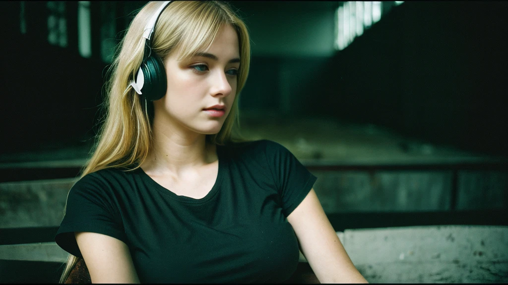 Beautiful blonde with big breasts in a black T-shirt (Sitting blindfolded with a black cloth in a dark abandoned building),Wearing headphones,Very detailed, 21 years old, Innocent face, Naturally Wavy Hair, blue eyes, High resolution, masterpiece, Highest quality, Intricate details, Very detailed, Clear focus, Delicate skin, practical skin texture, texture, Delicate eyes, Professional, 4K, Sad crying face, Shot with Canon, 85mm, Shallow and deep, Kodak Vision Color, Exactly, Very detailed, photograph_\(Extremist\), photographpractical, practical, Post-processing, Maximum details, Roughness, Real Life, Extremist practical, Photorealism, photographgraphy, 8K Ultra HD, photographgraphy