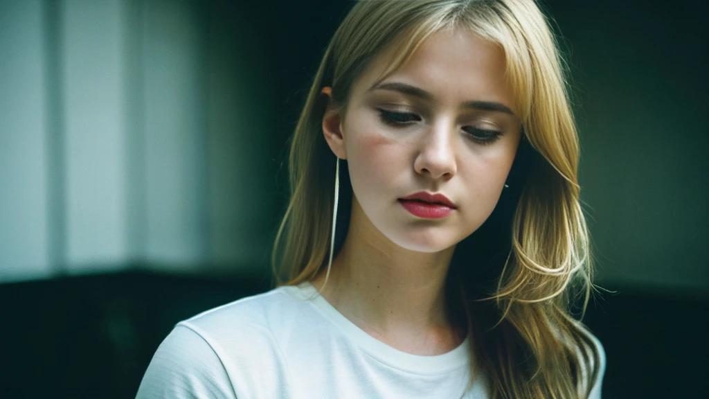 Beautiful blonde with big breasts in a black T-shirt (Sitting blindfolded with a black cloth in a dark abandoned building),Wearing headphones,Very detailed, 21 years old, Innocent face, Naturally Wavy Hair, blue eyes, High resolution, masterpiece, Highest quality, Intricate details, Very detailed, Clear focus, Delicate skin, practical skin texture, texture, Delicate eyes, Professional, 4K, Sad crying face, Shot with Canon, 85mm, Shallow and deep, Kodak Vision Color, Exactly, Very detailed, photograph_\(Extremist\), photographpractical, practical, Post-processing, Maximum details, Roughness, Real Life, Extremist practical, Photorealism, photographgraphy, 8K Ultra HD, photographgraphy