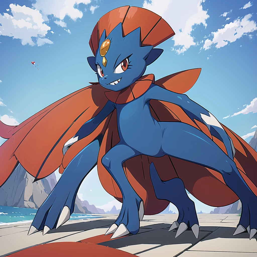 (masterpiece, best quality:1.2),solo,Weavile \(pokemon\),pokemon \(creature\),full body,no humans,bluish fur, orange gem, red eyes, smile,looking at viewer