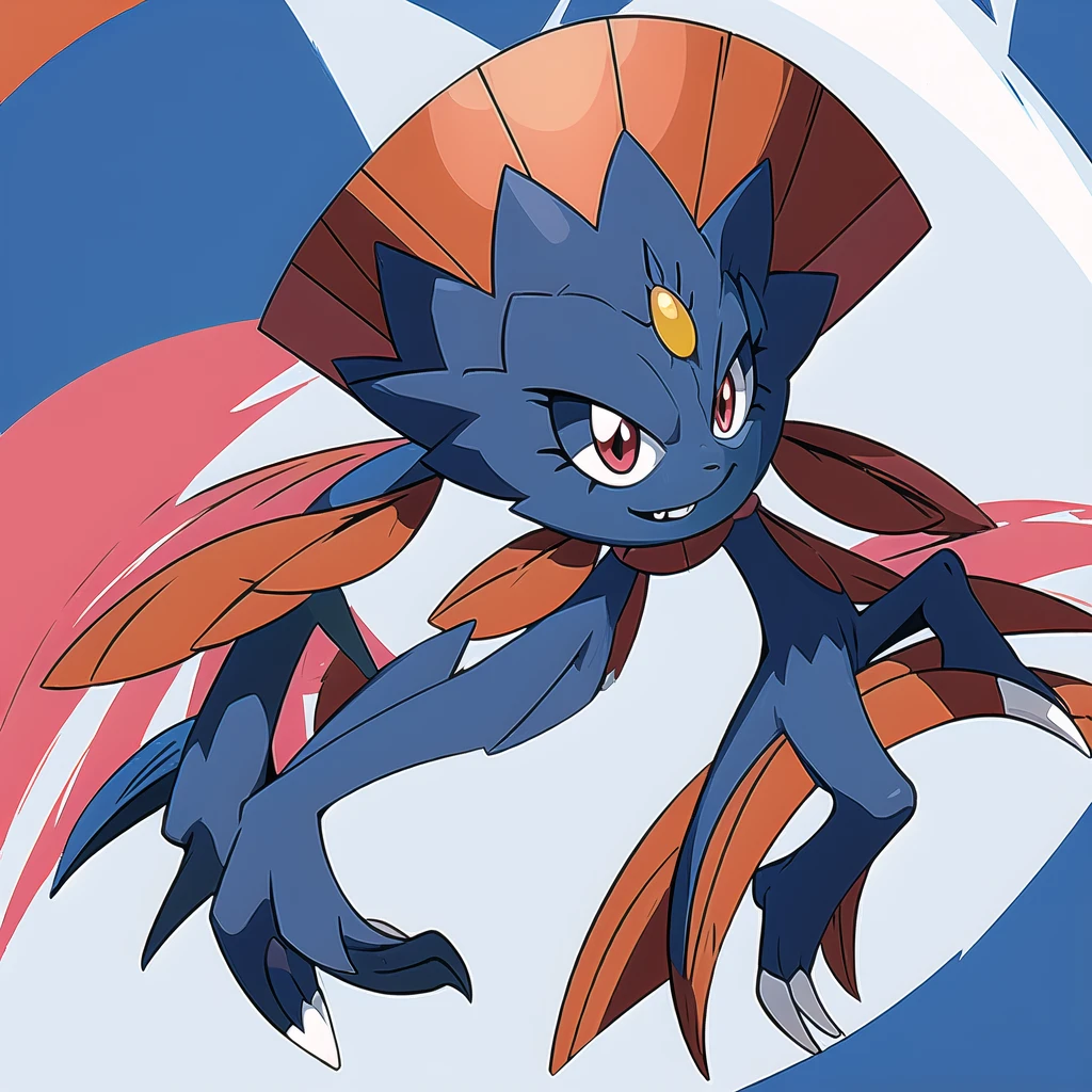 (masterpiece, best quality:1.2),solo,Weavile \(pokemon\),pokemon \(creature\),full body,no humans,bluish fur, orange gem, red eyes, smile,looking at viewer