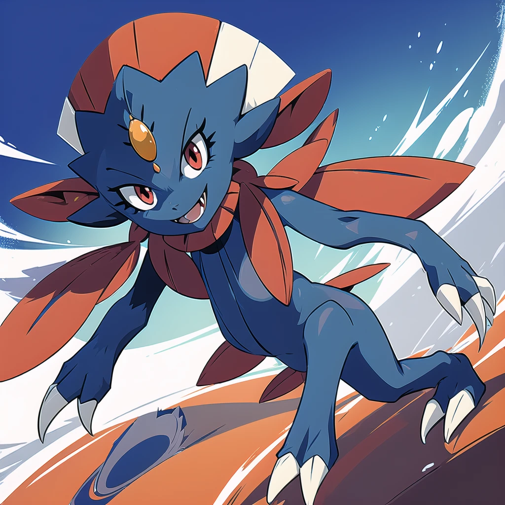 (masterpiece, best quality:1.2),solo,Weavile \(pokemon\),pokemon \(creature\),full body,no humans,bluish fur, orange gem, red eyes, smile,looking at viewer