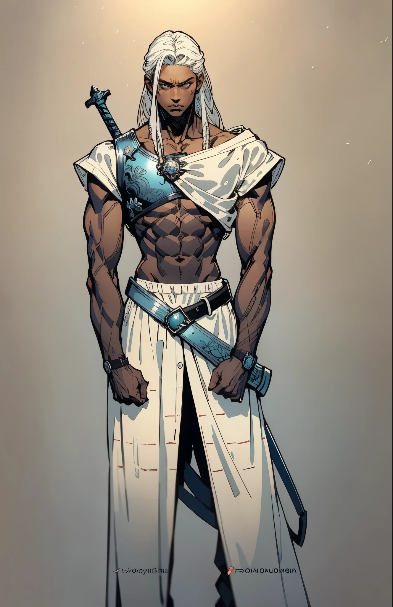 A young man with long white dreadlocks, dark skin, a melancholic expression, drooping eyelids and eyebrows, a lean face, a thin yet sturdy build, a tattered and ill-fitting light blue fantasy-style adventurer's shirt with short sleeves, revealing his abs, a silver breastplate on his left chest, a large sword is strapped to his back, a yellow belt, white coarse cloth trousers, stands nervously in a fantasy-style western town, this character embodies a finely crafted fantasy-style adventurer in anime style, exquisite and mature manga art style, dramatic, high definition, best quality, highres, ultra-detailed, ultra-fine painting, extremely delicate, professional, perfect body proportions, golden ratio, anatomically correct, symmetrical face, extremely detailed eyes and face, high quality eyes, creativity, RAW photo, UHD, 32k, Natural light, cinematic lighting, masterpiece-anatomy-perfect, masterpiece:1.5