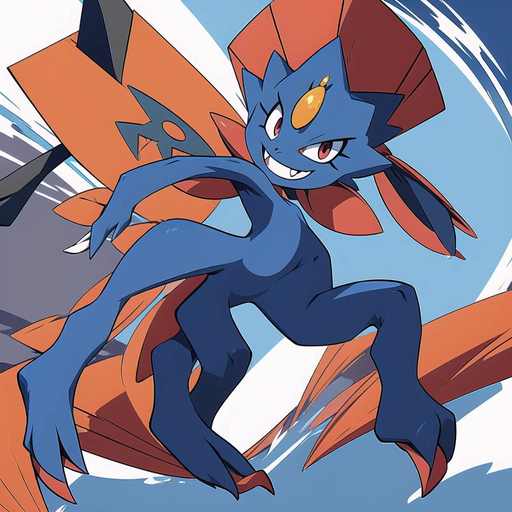 (masterpiece, best quality:1.2),solo,Weavile \(pokemon\),pokemon \(creature\),full body,no humans,bluish fur, orange gem, red eyes, smile,looking at viewer