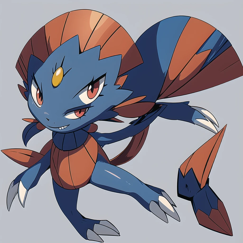 (masterpiece, best quality:1.2),solo,Weavile \(pokemon\),pokemon \(creature\),full body,no humans,bluish fur, orange gem, red eyes, smile,looking at viewer