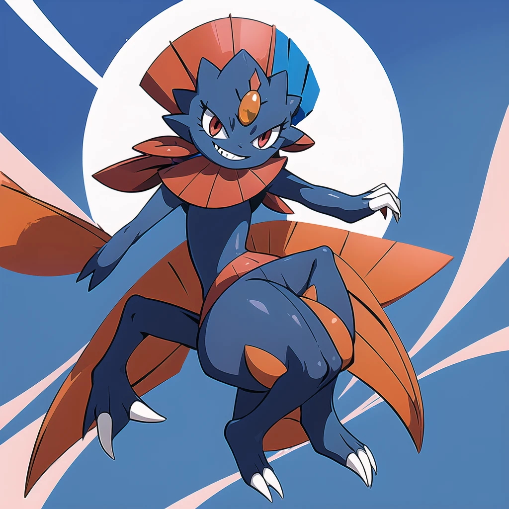 (masterpiece, best quality:1.2),solo,Weavile \(pokemon\),pokemon \(creature\),full body,no humans,bluish fur, orange gem, red eyes, smile,looking at viewer