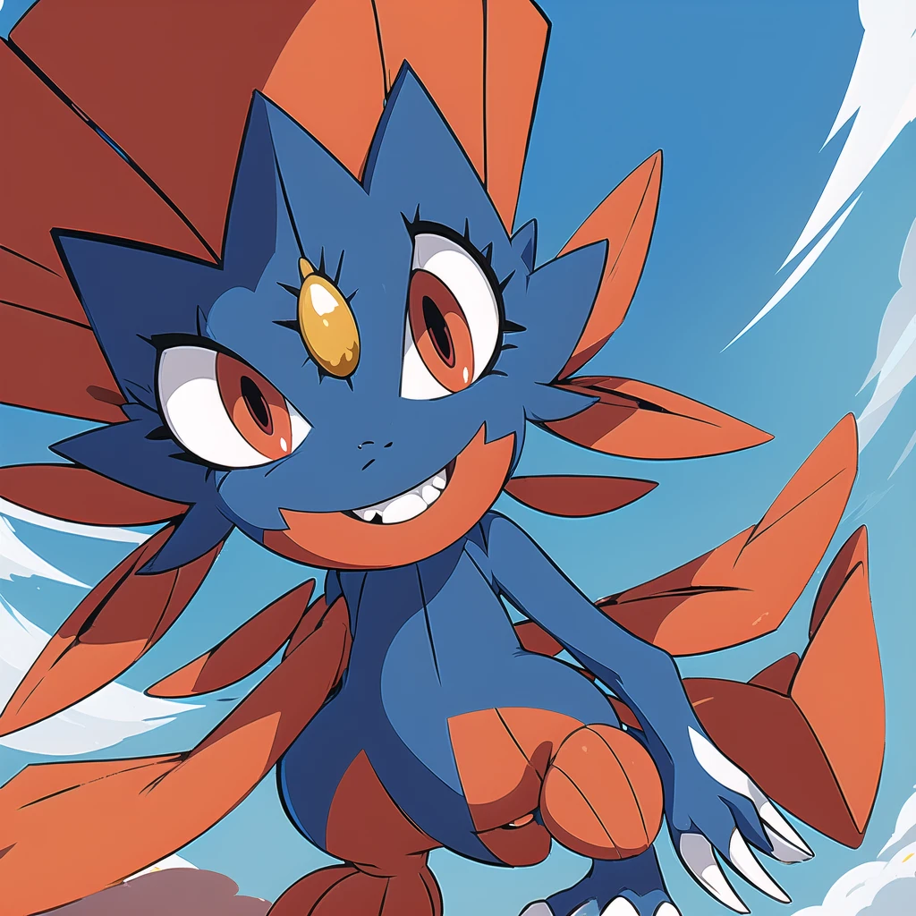 (masterpiece, best quality:1.2),solo,Weavile \(pokemon\),pokemon \(creature\),full body,no humans,bluish fur, orange gem, red eyes, smile,looking at viewer