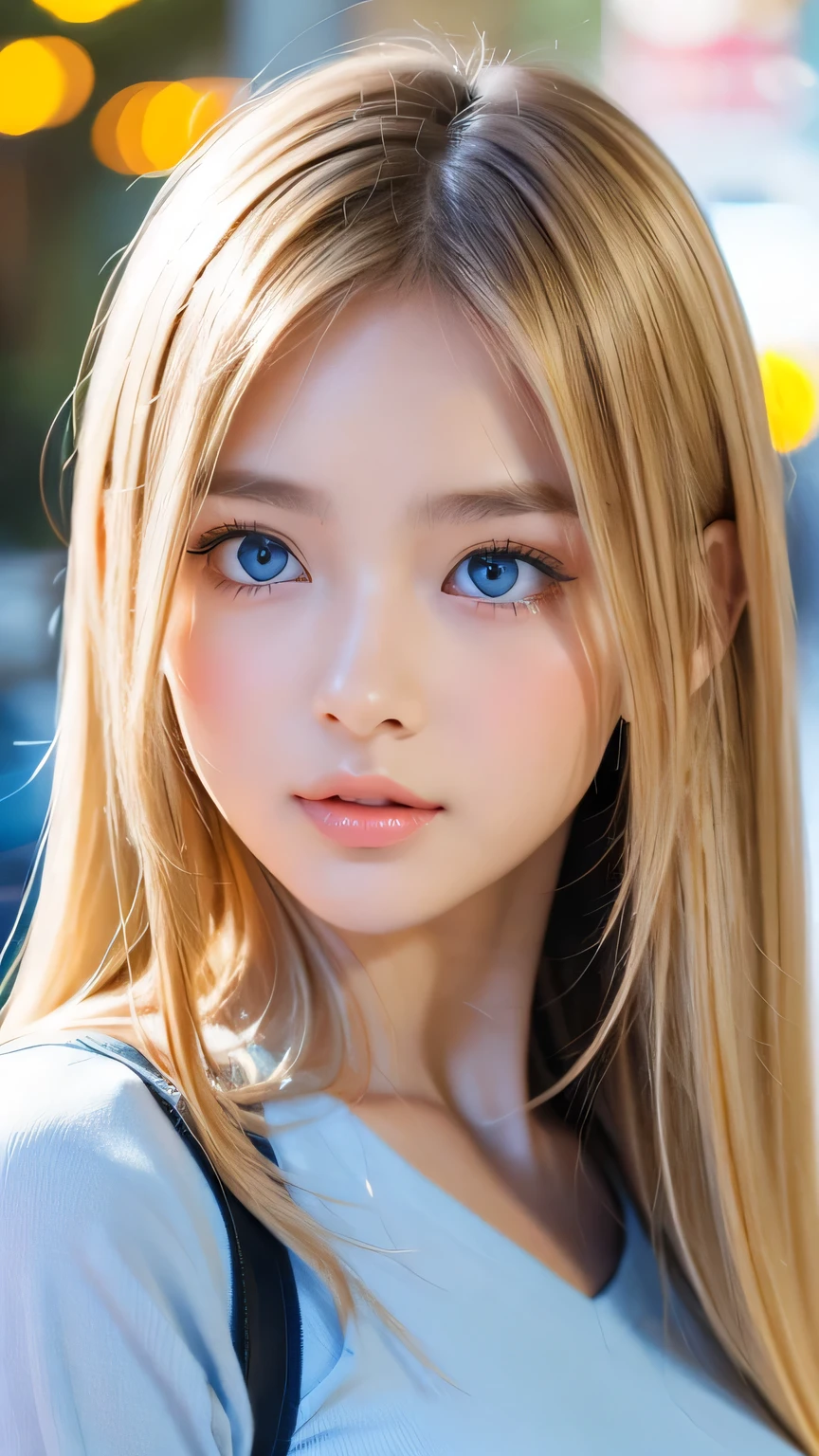 A perfectly beautiful face、Super long messy silky beautiful blonde、Beautiful cute girl 15 years old、Sexy and very beautiful cute face、Beautiful cute sexy bright pale sky blue big eyes、Long beautiful bangs、Very super long beautiful blonde shiny silky hair、Very white skin、Cheek gloss、Glossy skin、eyeliner、A peerless beauty、Hair above the eyes、片Hair above the eyes、Hair between the eyes、