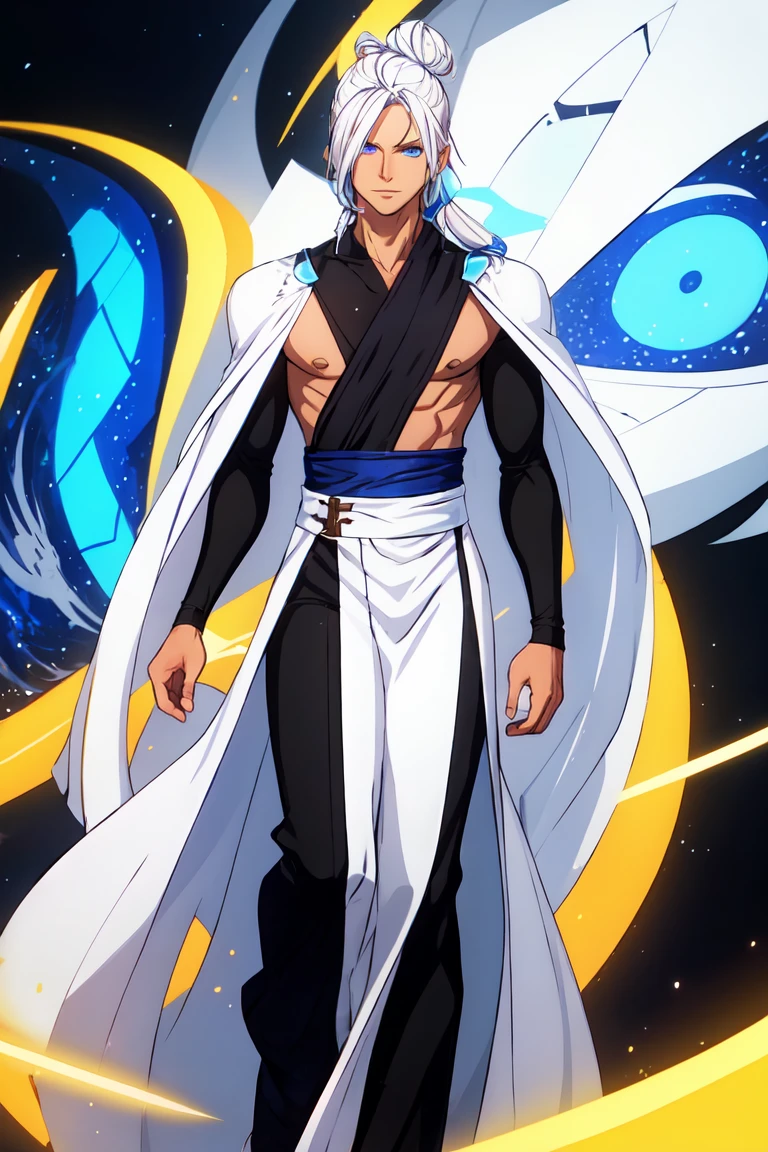Man with long white hair tied in a bun, Blue eyes, scar on his left eye, light skin color, he has a dark red aura around him and the right one is covered with black matter, metallic shine by hand, full length picture