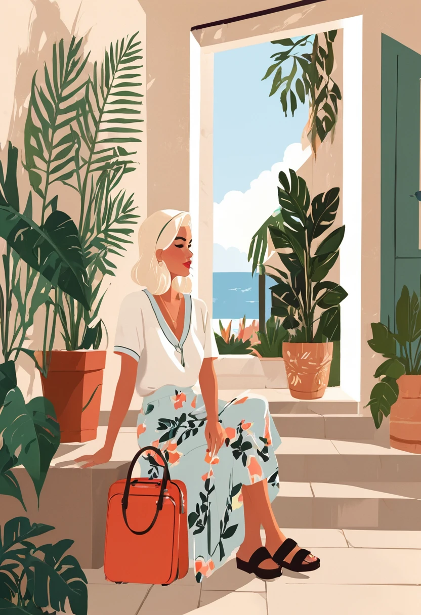there is a woman sitting on a porch with a suitcase, in style of digital illustration, illustration style, flat illustration, stylized digital illustration, digital illustration -, trend on behance illustration, #illustration, colorfull illustration, editorial illustration colorful, cartoon style illustration, magazine illustration, colorful illustration, dreamy illustration, lo-fi illustration style, editorial illustration